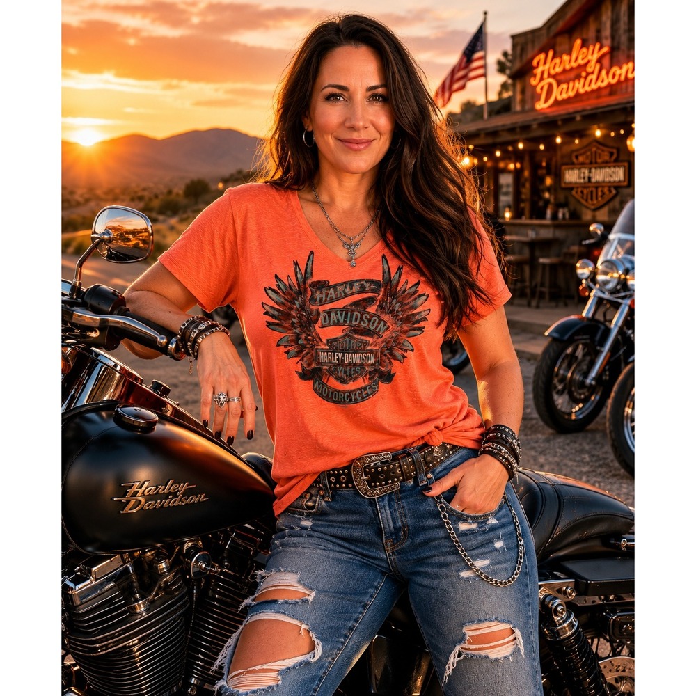 Harley-Davidson Womens V-Neck Graphic TShirt Orange Apol's Minnesota Sz 1X biker